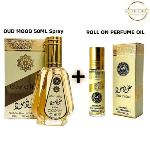 Oud Mood 50ml Perfume Spray with 10ml Roll On Perfume Body Oil for Men and Women - Luxurious Arabian Fragrance with Oud, Rose, and Amber Notes