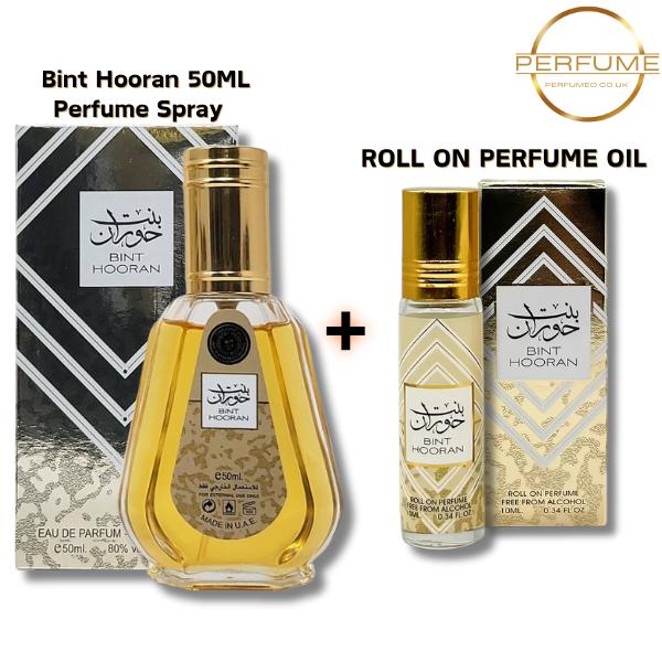 Bint Hooran Perfume Bundle – 50ml perfume Spray & 10ml Alcohol-Free Roll-On Perfume Oil | Floral Gourmand Vanilla Rose Cacoa Fragrance Bundle