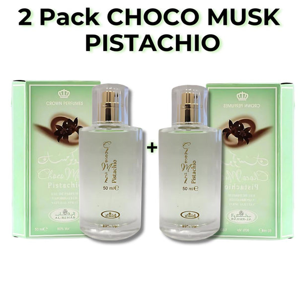 Choco Musk Pistachio 2-Pack by Al-Rehab | 2 x 50ml Arabian Perfume Eau de Parfum Sprays | Creamy Pistachio Dubai Chocolate Vanilla Perfume Duo | TikTok Viral Favourite | SAVE More | FREE Fast UK Delivery